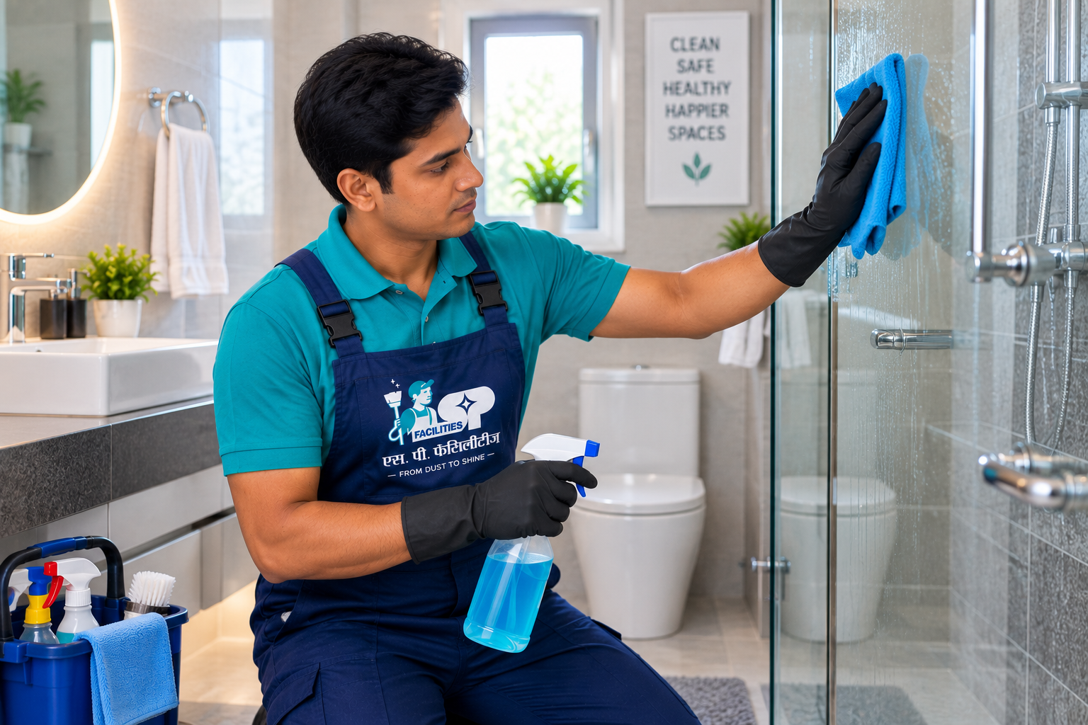 S.P. Facilities technician cleaning a bathroom