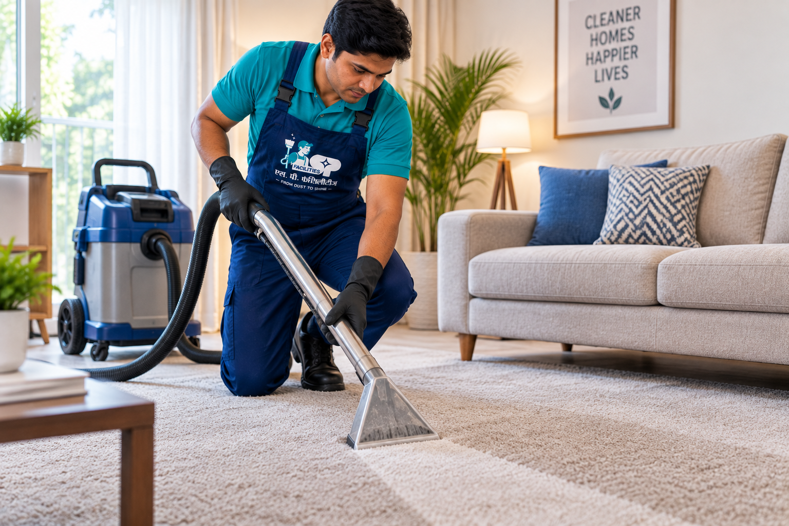 S.P. Facilities technician cleaning a carpet