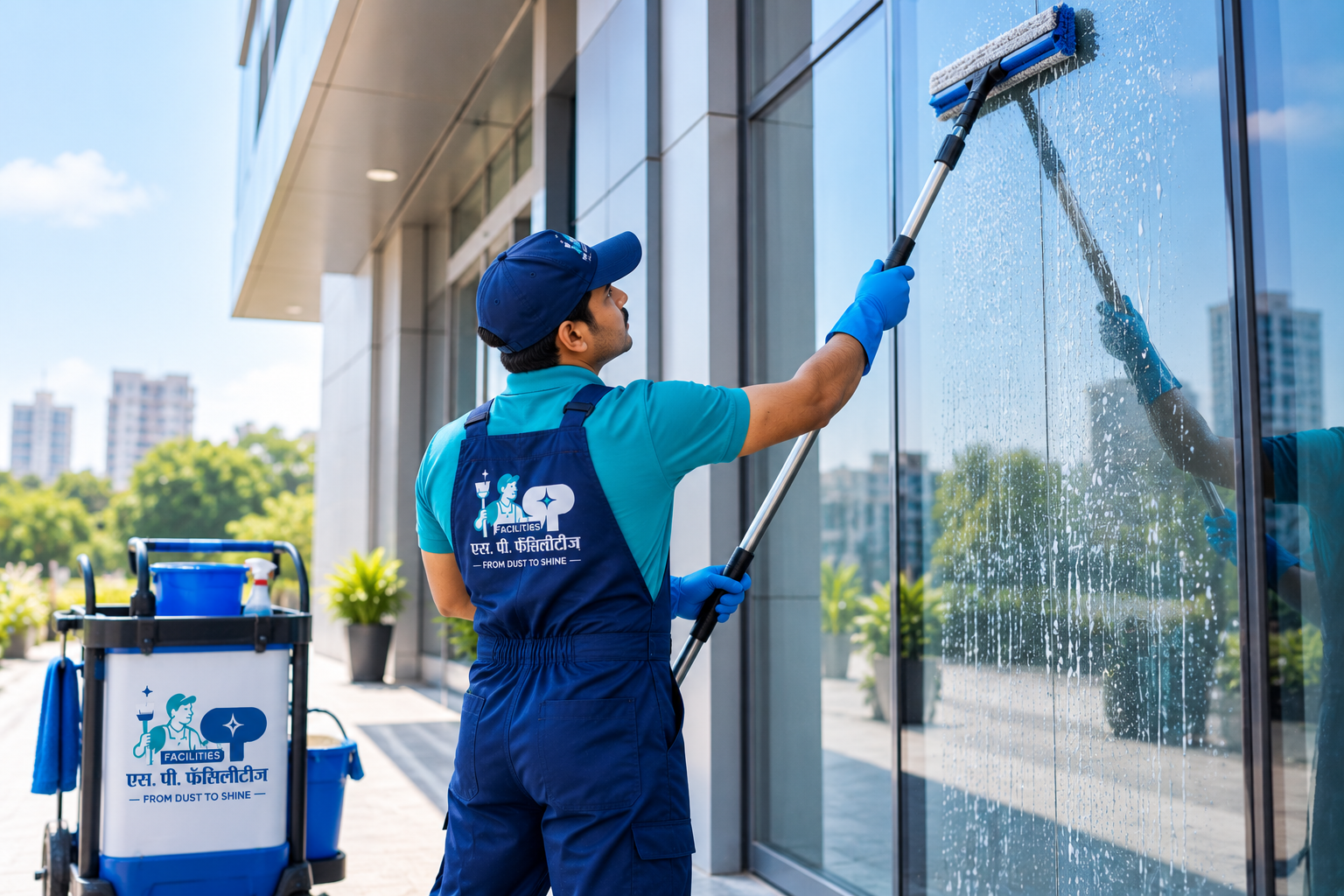 S.P. Facilities technician cleaning a glass facade