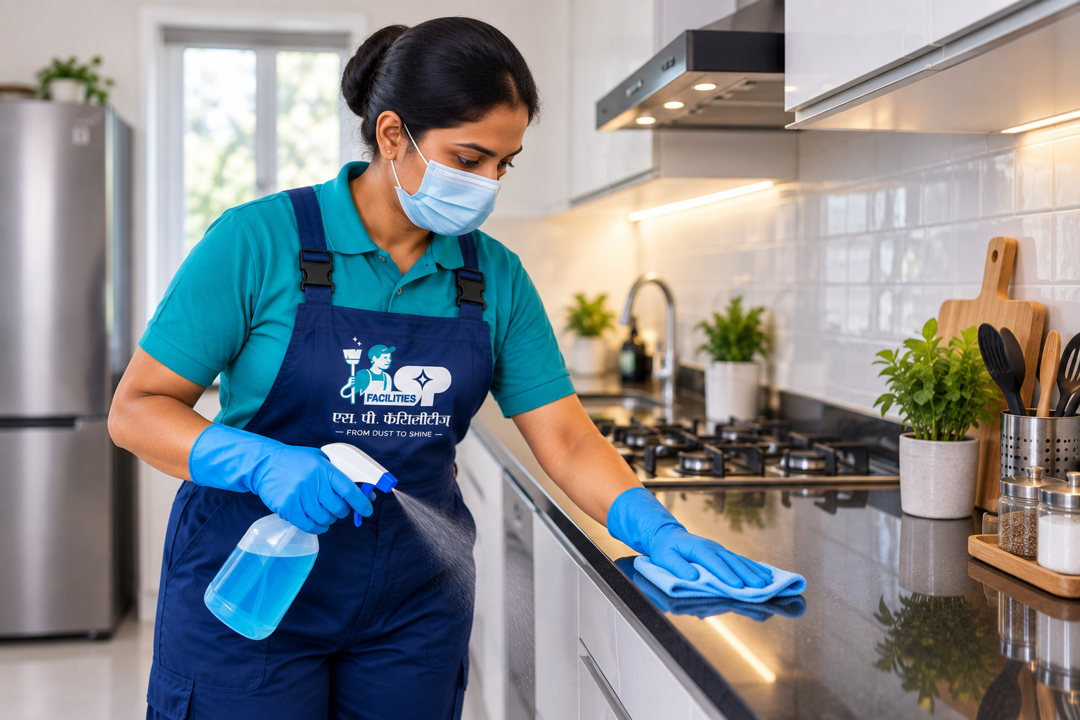 S.P. Facilities technician sanitizing a kitchen
