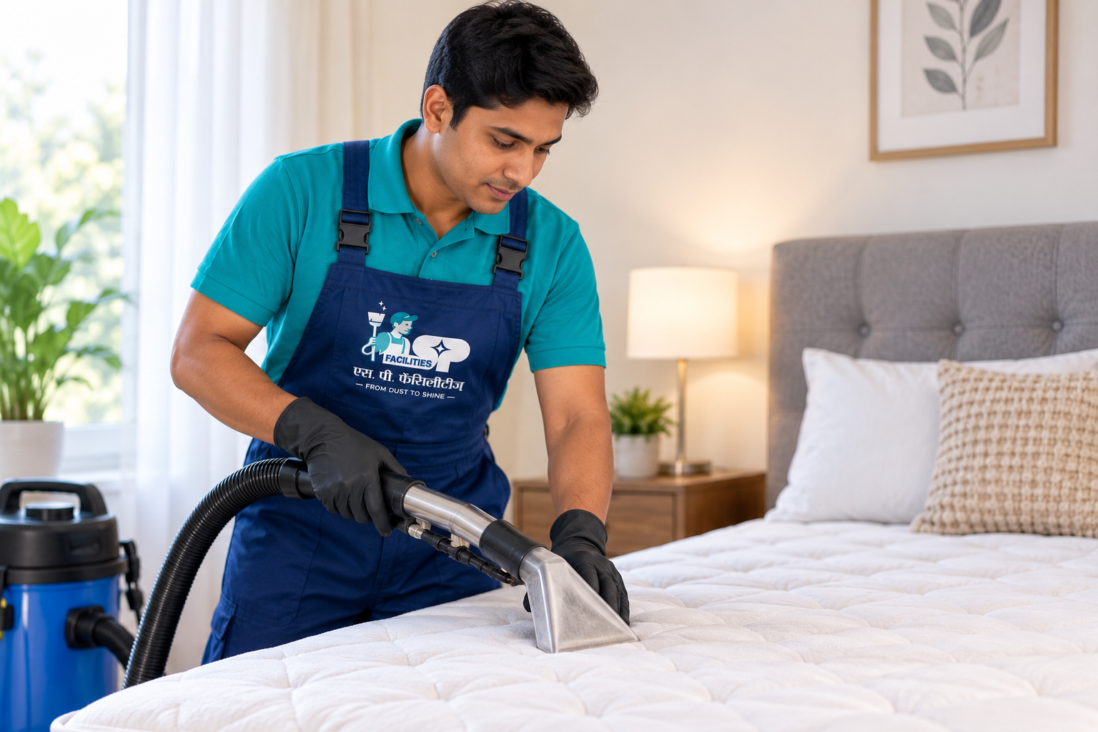 S.P. Facilities technician deep-cleaning a mattress