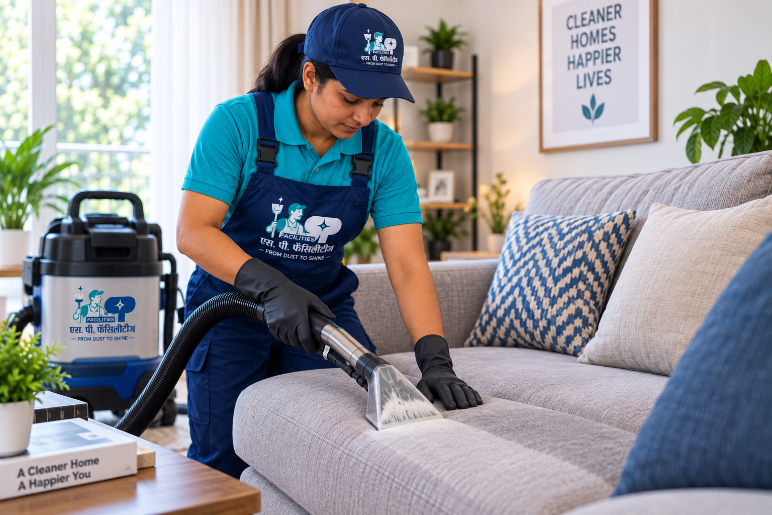 S.P. Facilities technician shampooing a sofa