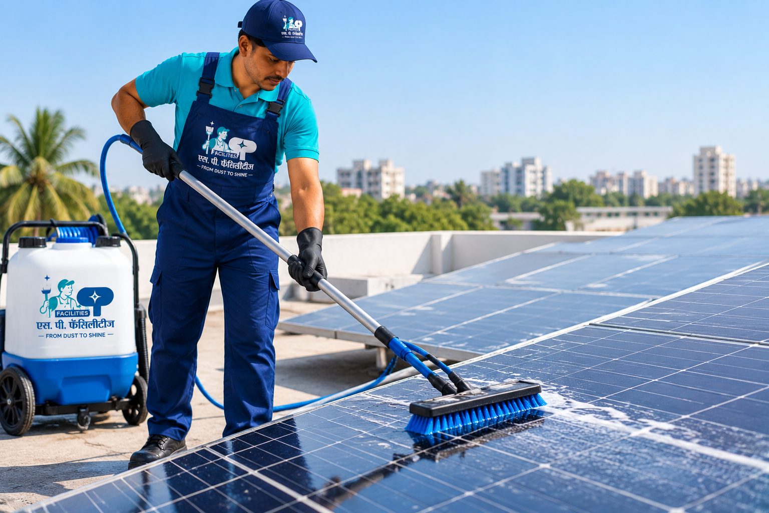 S.P. Facilities technician cleaning solar panels